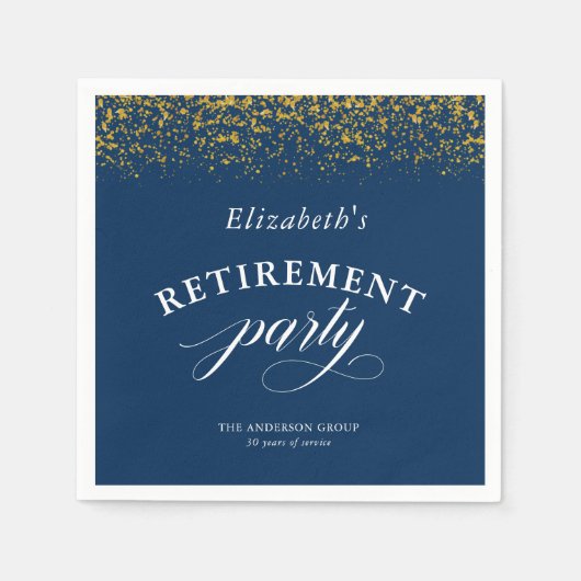 Pensioenfeest Goud Glitter Elegant Script Blauw Servet (Voorkant)