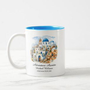 Pensioenfeest Kleurrijk Griekenland Dorp Oceaan Tweekleurige Koffiemok