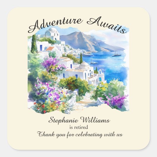 Pensioenfeest Kleurrijk Griekenland Dorp Oceaan Vierkante Sticker (Voorkant)