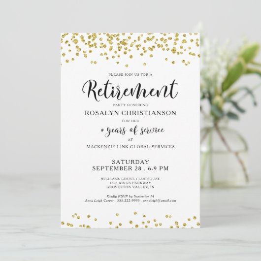 Pensioenpartij Modern Script Gold Confetti Kaart (Staand voorkant)