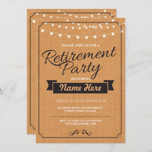 Pensioenpartij Rustisch Papierstempel Uitnodiging (Voorkant / Achterkant)