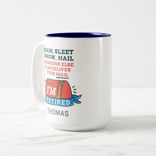 Pensioenpartij voor postpersoneel in ruste tweekleurige koffiemok (Voorkant links)