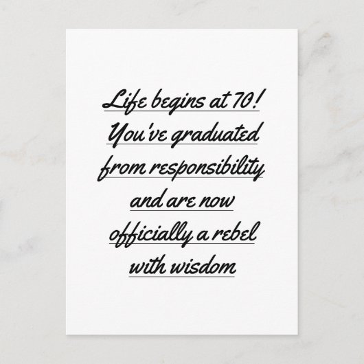 Pensionering begint op 70, 70ste verjaardag briefkaart (Voorkant)