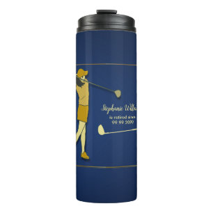 Pensionering Golf Party Classic Blauw Gouden Vrouw Thermosbeker
