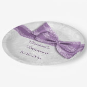 Pensionering Paarse Damask en Faux Bow Papieren Bordje (Gekanteld)