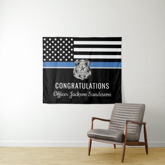 Pensionering politie blauwe lijn vlag gefeliciteer wandkleed (In Situ (horizontaal))