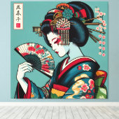 Pensive Geisha met Fan in Ukiyo-e Art Canvas Afdruk (Insitu (Houten vloer))