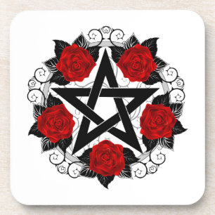 Pentagram met rode rozen bier onderzetter