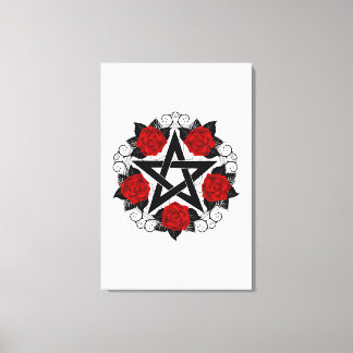 Pentagram met rode rozen canvas afdruk