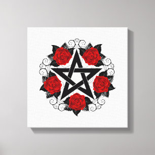 Pentagram met rode rozen canvas afdruk