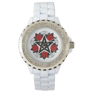 Pentagram met rode rozen horloge