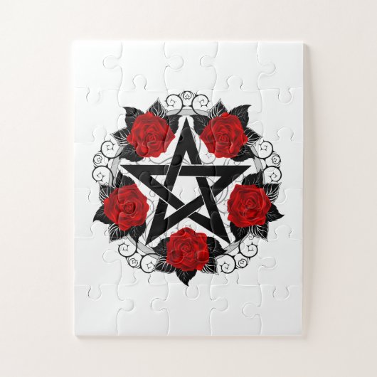 Pentagram met rode rozen legpuzzel (Verticaal)