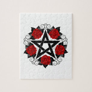 Pentagram met rode rozen legpuzzel