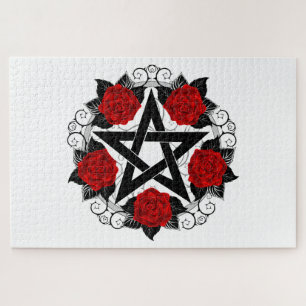 Pentagram met rode rozen legpuzzel