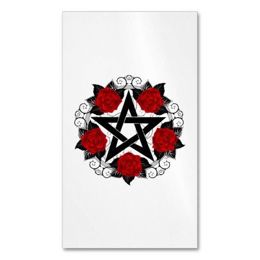 Pentagram met rode rozen magnetisch visitekaartje (Voorkant Verticaal)