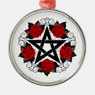 Pentagram met rode rozen metalen ornament