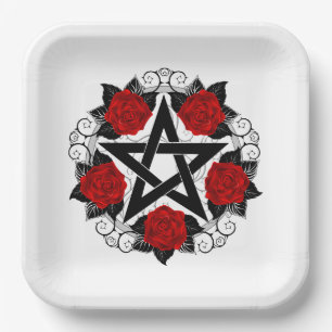 Pentagram met rode rozen papieren bordje