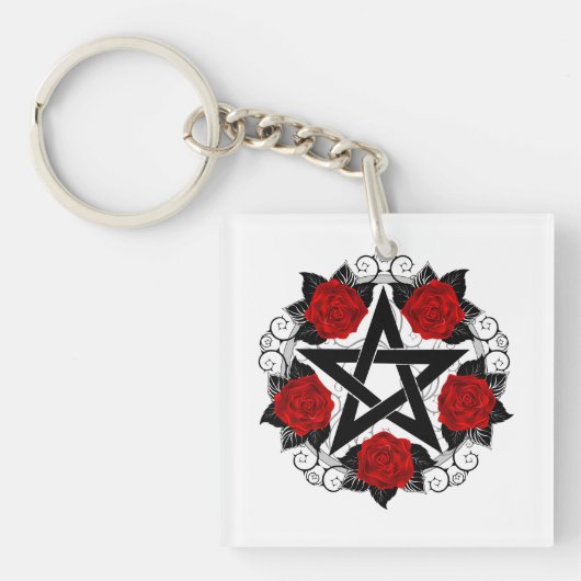 Pentagram met rode rozen sleutelhanger (voorkant)