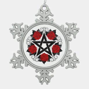 Pentagram met rode rozen tin sneeuwvlok ornament