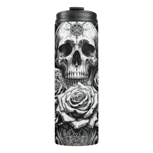 Pentakel Skelet Skull & Rozen Tarot Art Thermosbeker (Voorkant)