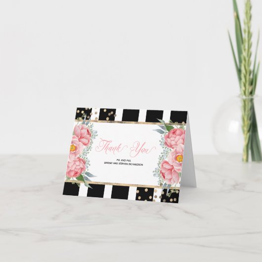 Peonées roses et rayures noires Élégant Merci (Devant)