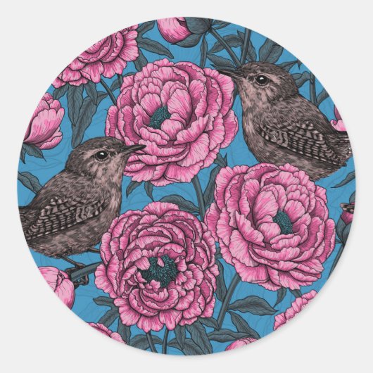 Peonies and wrens on blue ronde sticker (Voorkant)