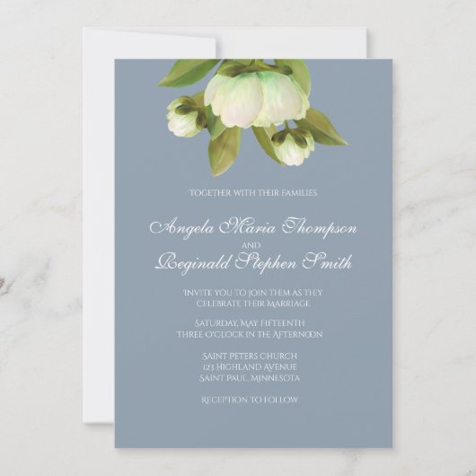 Peonies blanches avec invitation bleu Dusty (Devant)