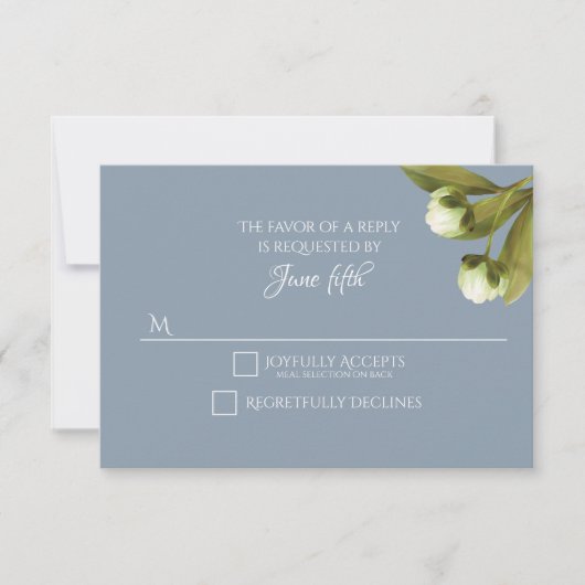 Peonies blanches avec Mariage bleu Dusty RSVP (Devant)