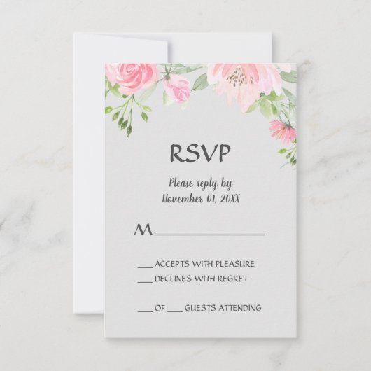 Peonies blanches sur carte RSVP gris (Devant)