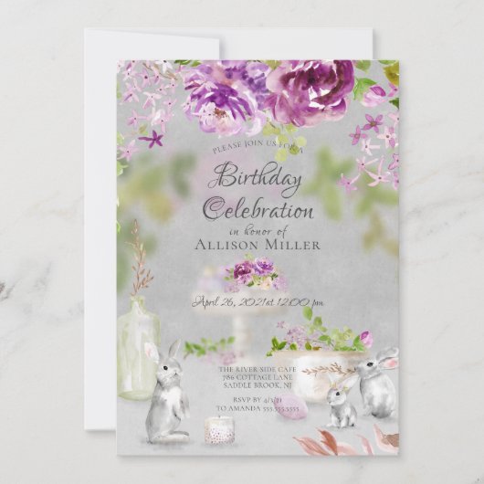 Peonies & Bunny Anniversaire Fête Invitation (Devant)