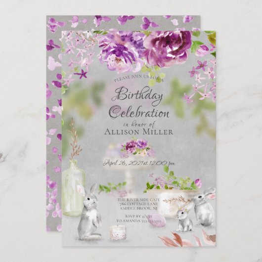 Peonies & Bunny Anniversaire Fête Invitation (Devant / Derrière)
