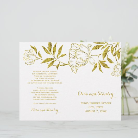 Peonies de feuille d'or blanc mariage plié program (Debout devant)