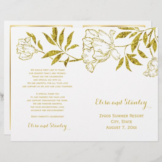 Peonies de feuille d'or blanc mariage plié program (Devant / Derrière)