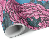 Peonies en bomen op blauw cadeaupapier (Rol Hoek)