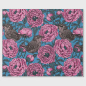 Peonies en bomen op blauw cadeaupapier (Vlak)