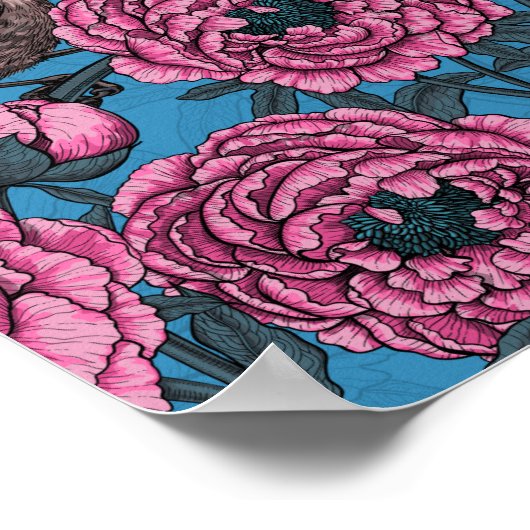 Peonies en bomen op blauw poster (Hoek)