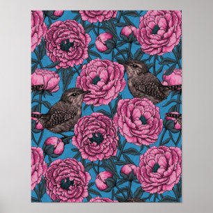 Peonies en bomen op blauw poster