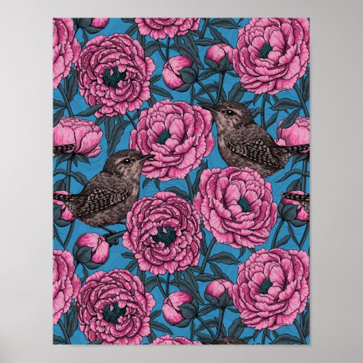 Peonies en bomen op blauw poster (Voorkant)