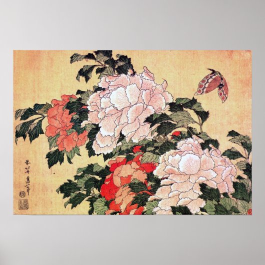 Peonies en Butterfly Hokusai Poster (Voorkant)