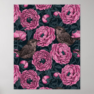 Peonies en draden op donkergrijs poster