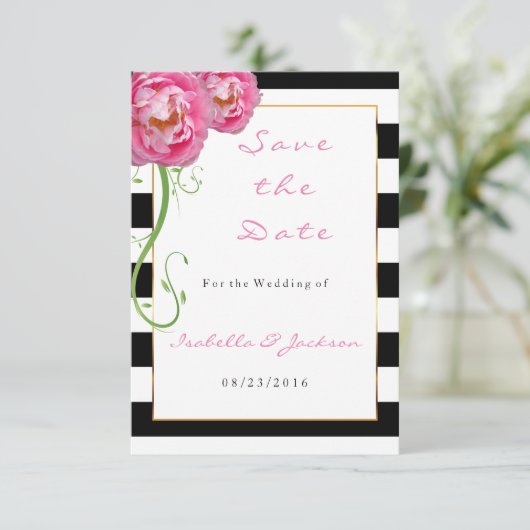 Peonies Flowers op Black and White Stripes Save The Date (Staand voorkant)