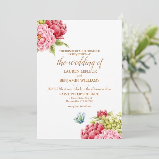 Peonies Hydrangea Élégante invitation de mariage (Debout devant)