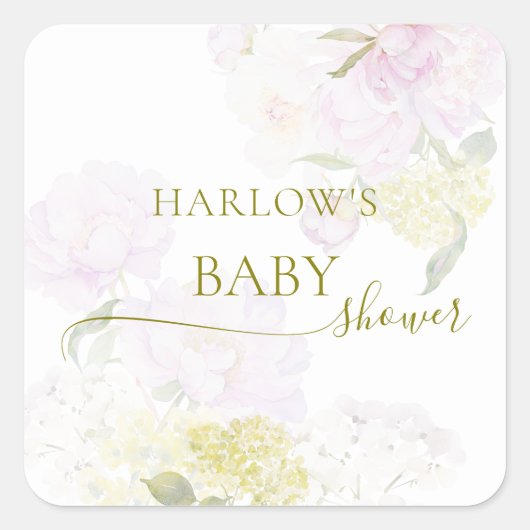 Peonies Hydrangea Pastel Waterverf Baby shower Vierkante Sticker (Voorkant)