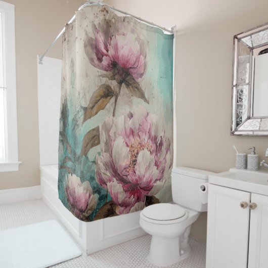 Peonies peintes - Rideau de douche (En situation)
