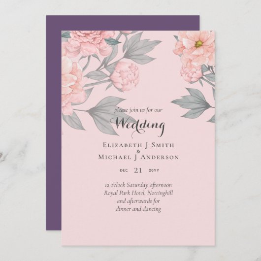 PEONIES Pink Sage Peach Mariage BUDGET Invitation (Devant / Derrière)