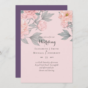 PEONIES Pink Sage Peach Mariage BUDGET Invitation