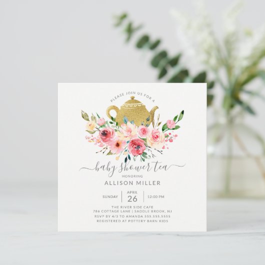 Peonies Roos Floral Baby shower Tea Uitnodiging (Staand voorkant)