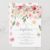 Peonies Rose Floral Baptism Invitation (Devant / Derrière)