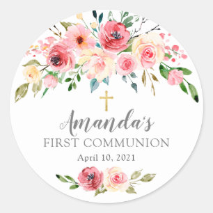 Peonies Rose Floral First Communion Sticker