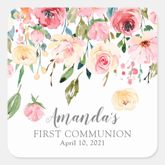 Peonies Rose Floral First Communion Sticker (Devant)